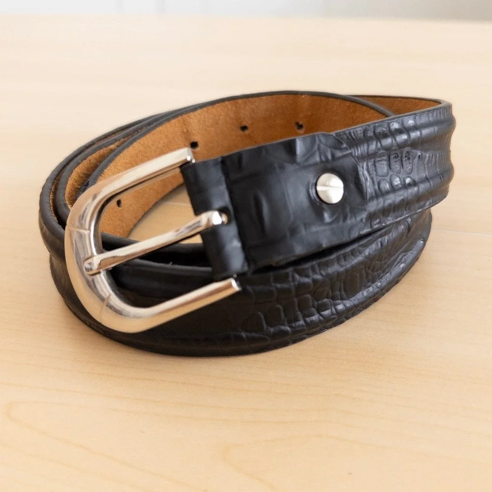 Mens‎ Genuine Leather Belt Medium Black Crocodile Embossed Silver Buckle Western